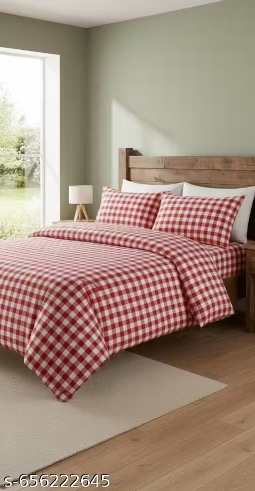 Cotton check bedsheet 90x100 with 2 pillow cover 17x27 Red