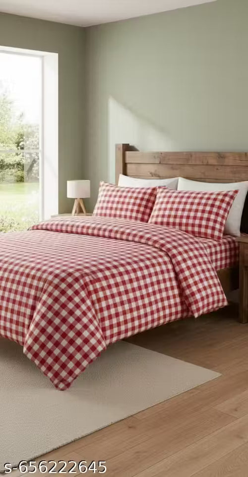 Cotton check bedsheet 90x100 with 2 pillow cover 17x27 Red