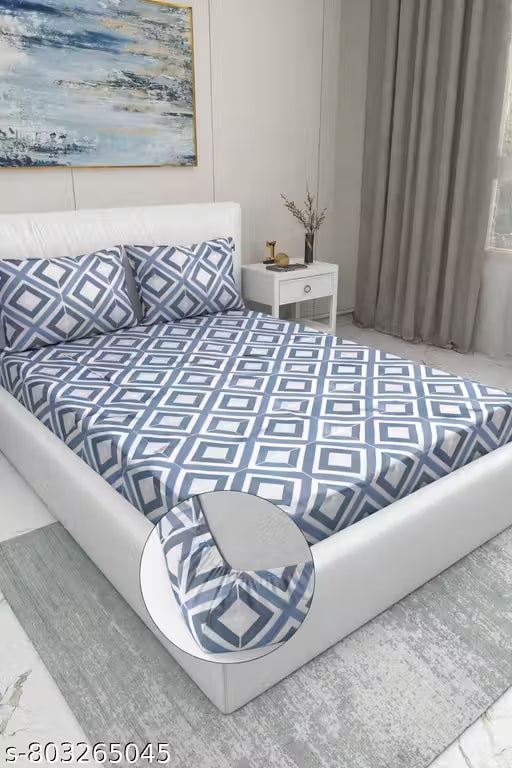 DOUBLE BED COTTON FEEL GLACE COTTON ALL AROUND ELASTIC FITTED BEDSHEET WITH 2 PILLOW COVERS