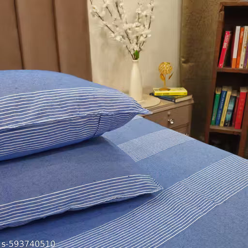Blue cotton Blend Bedsheet 225 TC Double Bedsheet With 2 Pillow Covers, Woven Striped Bedsheet, 95 X 108 Inch.