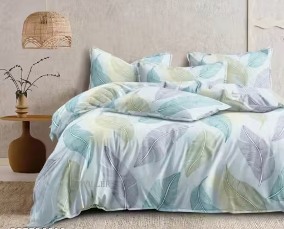Cool Blue Feather Print Premium Cotton feeling King Size Double Bed Bedsheet with 2 Pillow Covers