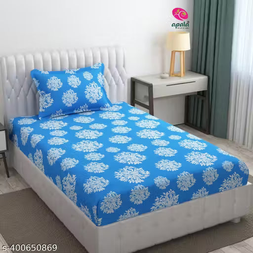 Super Soft Cotton Print One Single Bedsheet With 1 pillow cover, Blue