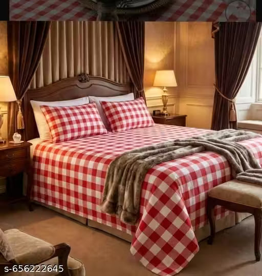 Cotton check bedsheet 90x100 with 2 pillow cover 17x27 Red