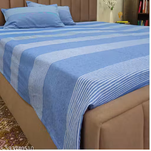 Blue cotton Blend Bedsheet 225 TC Double Bedsheet With 2 Pillow Covers, Woven Striped Bedsheet, 95 X 108 Inch.