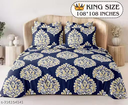Navy Blue Ethnic Superfine Cotton Feel Super King Size Bedsheets with 2 King Size Pillow Covers 108"x108"