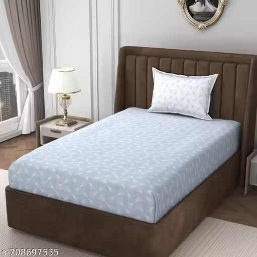 Super soft glace cotton printed Single Bed bedsheet with 1 pillow cover(Blue(White Print))