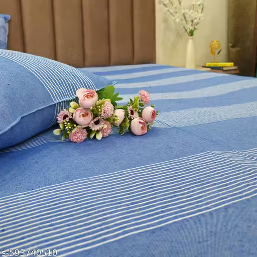 Blue cotton Blend Bedsheet 225 TC Double Bedsheet With 2 Pillow Covers, Woven Striped Bedsheet, 95 X 108 Inch.
