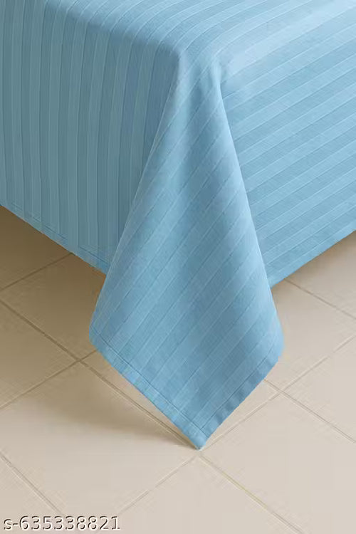 Aqua Blue Satin Stripes Cotton Blend Double Bedsheet with 2 Pillow Covers
