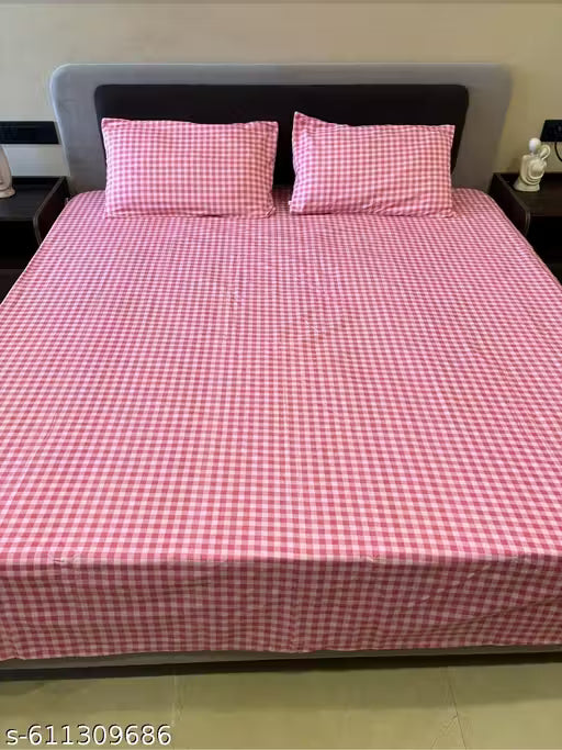 Sleepy Threads Queen Size Cotton Bedsheet Set 93 x 106 Inch – Pink & White Gingham Checkered Design