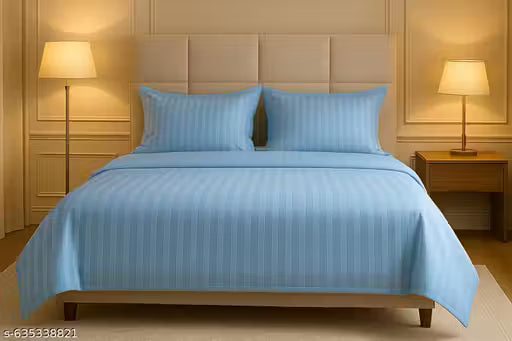 Aqua Blue Satin Stripes Cotton Blend Double Bedsheet with 2 Pillow Covers