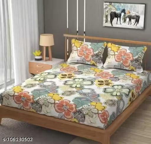 Super Soft Cotton Flat Double Bed Queen Sized Bedsheet with 2 Pillow Covers