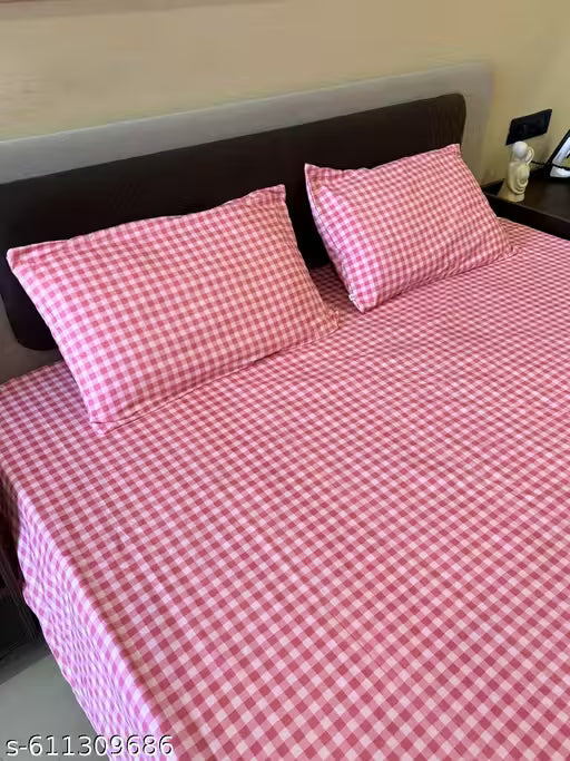 Sleepy Threads Queen Size Cotton Bedsheet Set 93 x 106 Inch – Pink & White Gingham Checkered Design