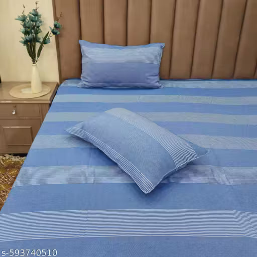 Blue cotton Blend Bedsheet 225 TC Double Bedsheet With 2 Pillow Covers, Woven Striped Bedsheet, 95 X 108 Inch.