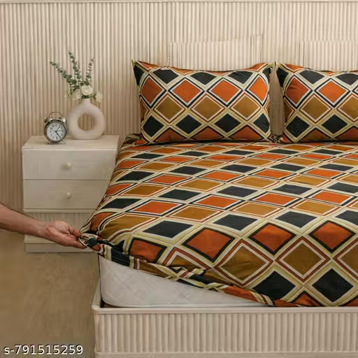 Premium Cotton King Size Fitted Bedsheet with Elastic All Around & 2 Matching Pillow Covers